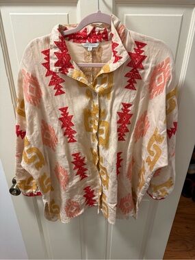 John Mark Cream Button-Down Top with Red, Mustard & Coral Embroidery